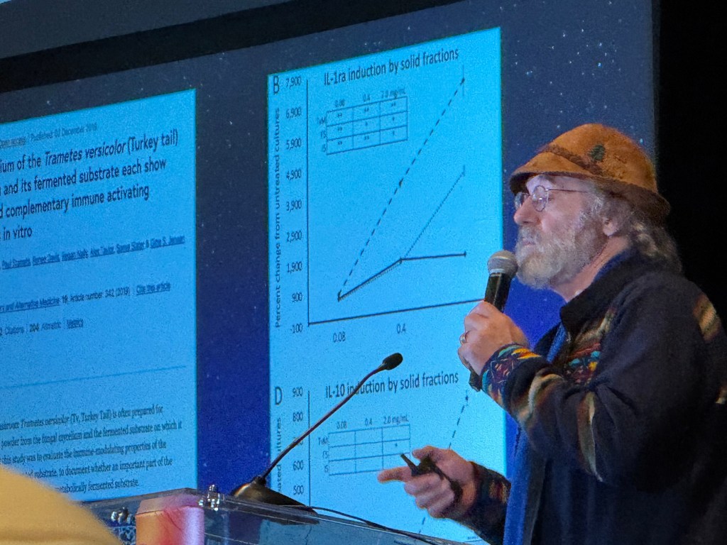 A speaker presenting research data on the Trametes versicolor mushroom, illustrated by charts and graphs in the background, during a conference.